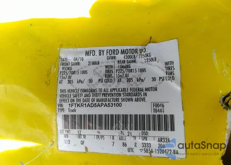 2010 Ford Ranger Xl/Xlt from USA, damaged, VIN 1FTKR1AD5APA53100